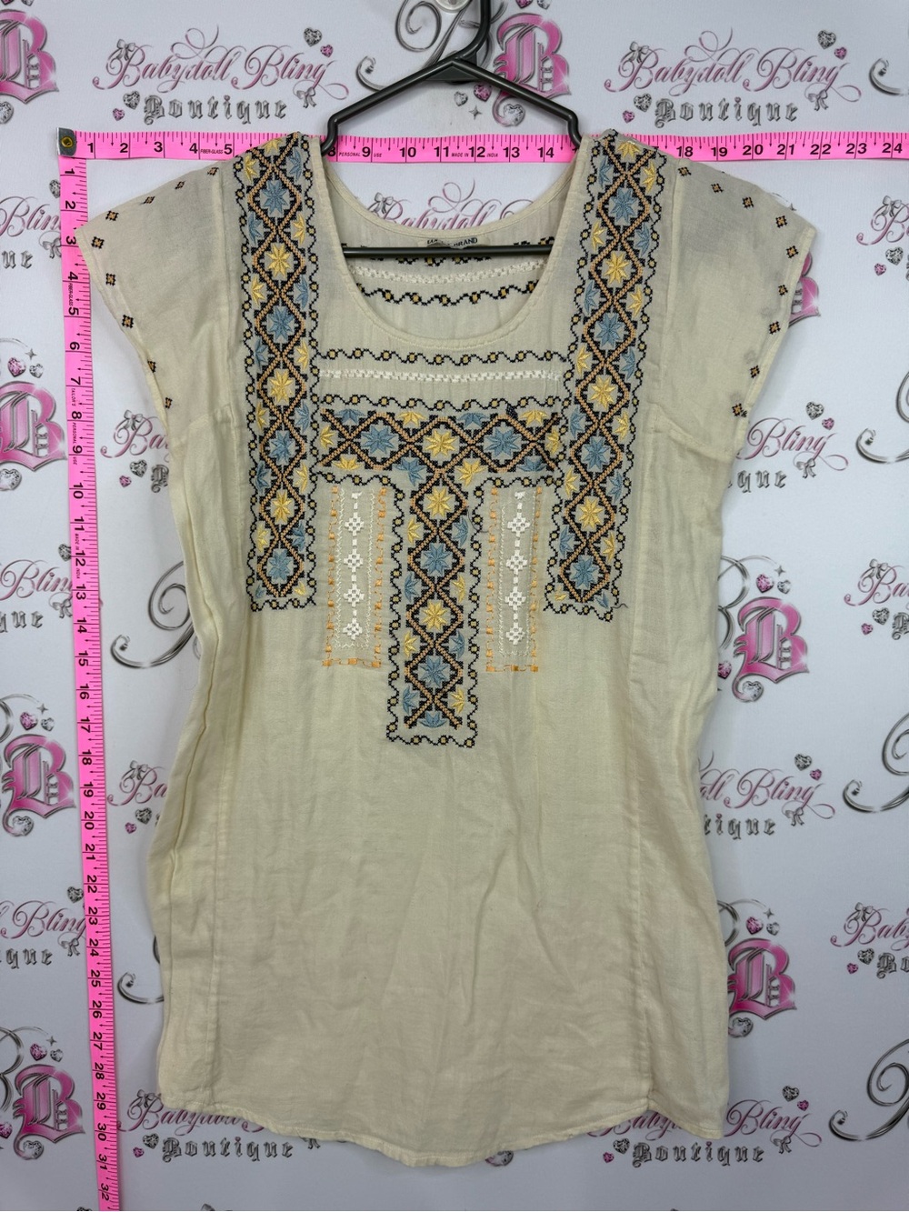 Lucky Brand Cream Tunic with Blue and Yellow Embroidery